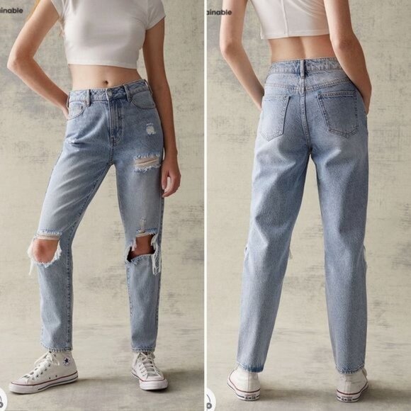 PacSun Denim - Pacsun distressed mom jeans high rise eco light blue 26